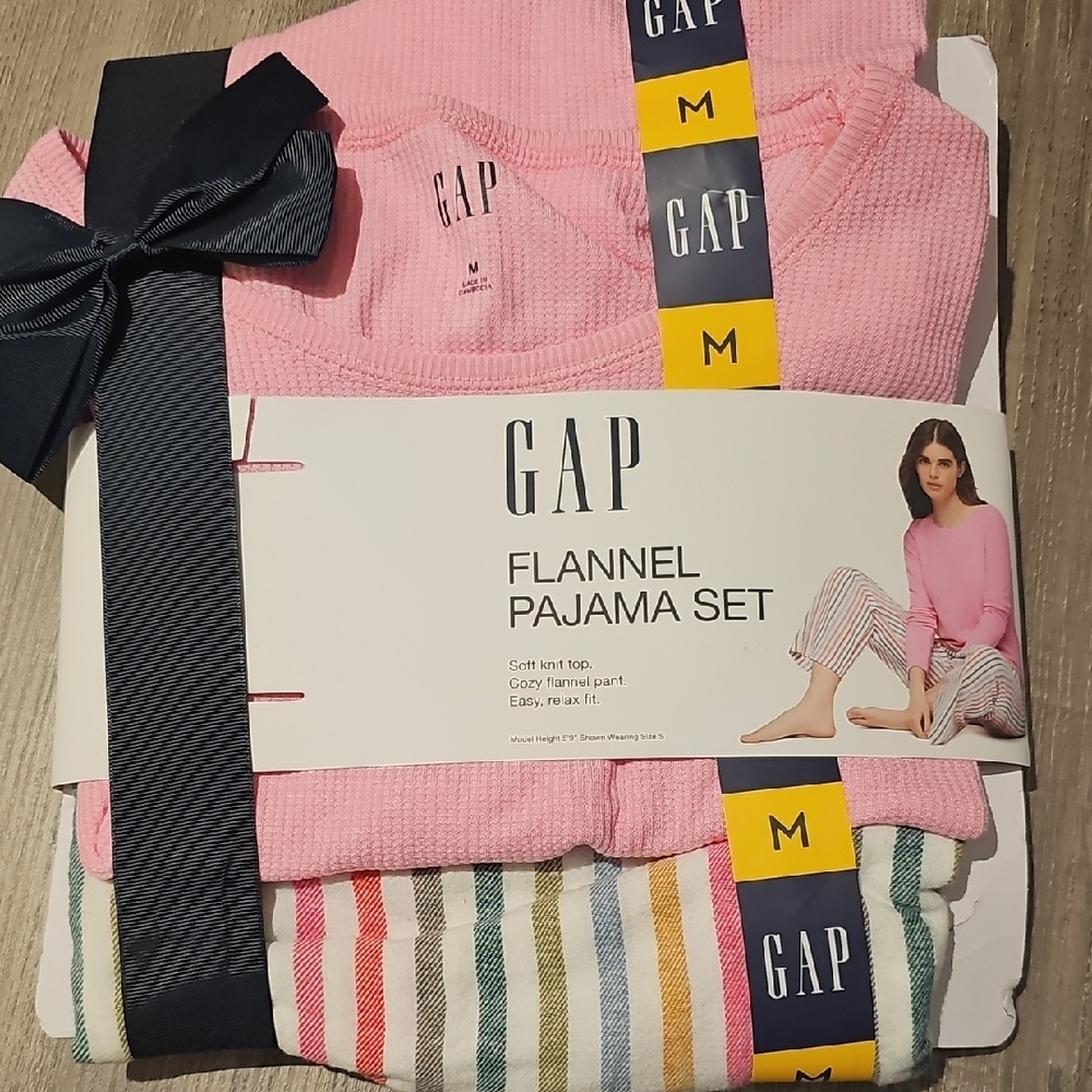 GAP Pink Flannel Pajama Set with Striped Pants
